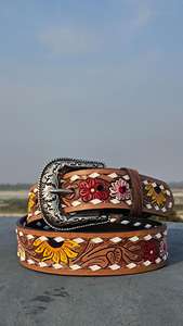 Ceinture en cuir de cowboy authentique avec gravure d'inspiration sud-ouest, broderie à la main, boucle en métal élégante - 80g, accessoire de mode - Product Image 4