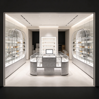 Solution de design de boutique de parfums tout-en-un : comptoir d'exposition de parfums en verre acrylique incurvé, vitrine personnalisée, aménagement intérieur de magasin