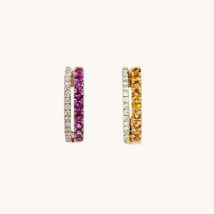 LOZRUNVE 925 Plata Doble Fila Cubic Zirconia Arco Iris Zafiro Huggie Aro Pendiente Chapado En Oro - Product Image 1