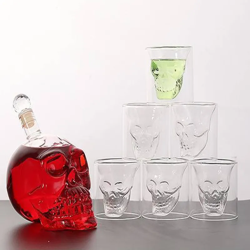 7pcs/set bar set 700ml crystal skull head wine glass bottle 75ml whiskey shot glass cup drinking cups and bottles