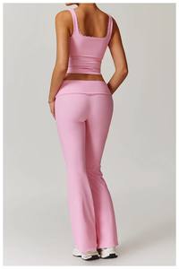 Leggings da donna con logo personalizzato a vita alta con costine Fitness a gamba larga da donna in pizzo con cintura per - Product Image 2