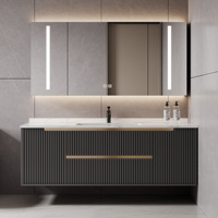 Mueble de Baño Moderno con Lavabo de Cerámica, Espejo Inteligente con Iluminación LED y Antivaho, Mueble de Pared para Hotel y Villa