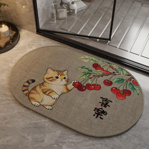 Tapis de bain ovale en forme de chat de dessin animé, imitation lin, absorbant, séchage rapide, antidérapant, lavable, tapis de salle de bain - Product Image 4