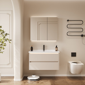 Meuble-lavabo mural moderne, étanche, écologique et durable avec miroir intelligent, en contreplaqué de qualité hospitalière, pour salle de bain - Vente en gros - Product Image 1