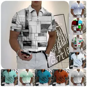 Homens Zip Polo 3d Impressão Quadrado Gráfico 2024 Listras Camisa Polo Homem Simples Camisa De Golfe Mangas Curtas Top Homens Roupas