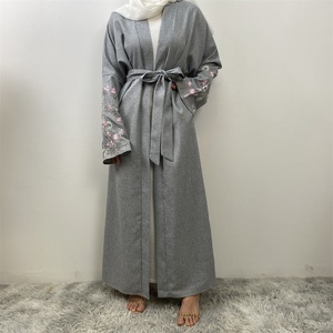 1407#B Latest Muslim Ladies Popular Linen Material Flower Embroidery With Pockets Open <b>Abaya</b> 3 Colors - Product Image 5