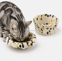 Bols en céramique MoMo Paw en marbre à texture unique, anti-déversement, avec supports en bois, pour chats et chiens de grande taille (nourriture et eau) - Vente en gros