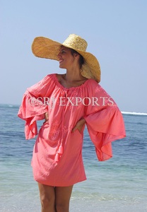 Robe Courte Chic Bohème Femme, Coupe Trapèze, Manches Cloche, Broderie Ethnique, Organza, Dentelle, Pompons, Col à Nouer, Sans Bretelles, Plage, Sexy - Product Image 3