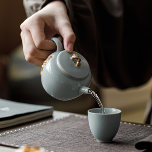 Guanlan Sky Blue Ru Kiln Relief Teapot Porcelain Round With Lid Kung Fu <b>Tea</b> <b>Set</b> - Product Image 3