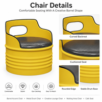 Ensemble de salon industriel jaune en forme de fût d'huile, directement de l'usine, avec chaises rembourrées et table basse ronde pour bar à domicile et usage extérieur
