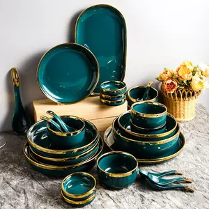 wholesale 16 pcs kitchen ceramics oem cheap color glaze tableware gold rim england style Green stoneware dinnerware set