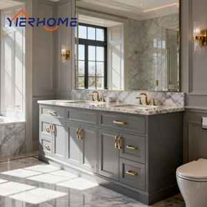 Mueble <span class=keywords><strong>de</strong></span> Baño <span class=keywords><strong>de</strong></span> Madera Maciza Personalizado <span class=keywords><strong>con</strong></span> <span class=keywords><strong>Lavabo</strong></span> Doble, Encimera <span class=keywords><strong>de</strong></span> Mármol, <span class=keywords><strong>Lavabo</strong></span> Cerámico Empotrado y Dos Grifos - Product Image 1