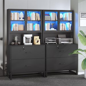 ארון שחור מודרני עם תצוגת תאורת LED, אחסון משרדי עם נעילה, עמדת קפה עם דלתות זכוכית מחורצת - Product Image 5