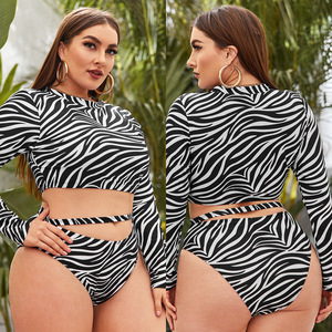 Costume da Bagno <span class=keywords><strong>Bikini</strong></span> Due Pezzi Sexy a Vita Alta con Stampa Zebrata a Maniche Lunghe Personalizzato per Taglie Forti Donna, Abbigliamento da Spiaggia OEM 0XL-4XL - Product Image 2