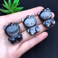 Hello kitty-figuras de animales curativas de Gema Natural, figuritas de dibujos animados de alta calidad, plata, sheen obsidian, joyería hecha a mano
