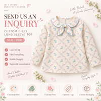 T-shirt personnalisé à manches longues pour filles, col Peter Pan floral, avec nœud, pour tout-petits et enfants, vente en gros OEM ODM