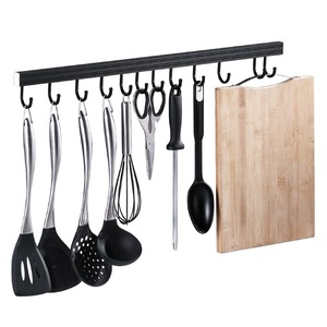 Crochets de cuisine en aluminium, 10 crochets avec support de rangement pour ustensiles, pour montage mural de cuisine, style moderne et minimaliste - Product Image 1