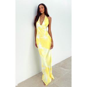 Vestido de Noche Largo con Cuello en V y Abertura Lateral, Color Amarillo Claro, a la Moda, en Oferta - Product Image 5