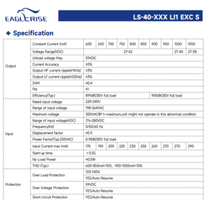 Controlador LED de Corriente Constante EAGLERISE LS-40-XXX LI1 EXC S 40W 600-1050mA 220-240VAC Alto Factor de Potencia IP20 Fuente de Alimentación LED - Product Image 5