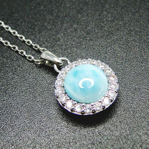 Collar de Plata de Ley 925 al por Mayor con Colgante Redondo de Larimar Azul Natural con Circonitas Blancas - Product Image 3