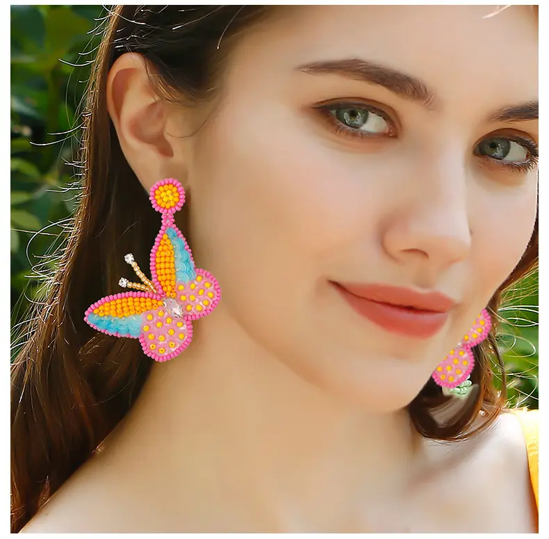 Jewelry Handmade Seed Bead Earrings Gradient Sequins Boho Colorful Butterfly Dangle Earrings