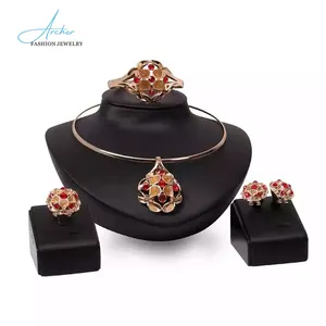 Conjunto de joias femininas africano, conjunto de joias 4 peças pulseira flor vermelha luxo saudita 18k ouro dubai brasileiro noivado