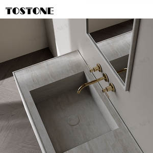 Meuble de salle de bain Tostone moderne et minimaliste avec double vasque murale, plan de travail en <span class=keywords><strong>pierre</strong></span>, <span class=keywords><strong>pierre</strong></span> <span class=keywords><strong>calcaire</strong></span> <span class=keywords><strong>blanche</strong></span>, pour appartement - Product Image 3