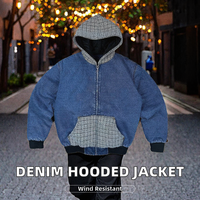 Blouson en jean à capuche personnalisé pour homme, avec fermeture éclair, coupe ample, patchwork en tweed contrastant, style streetwear vintage délavé pour l'automne