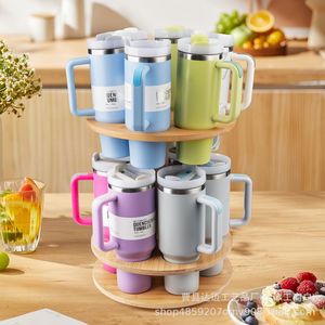 Bamboo <b>Rotating</b> Water Cup Holder Double Layer Insulated Tumbler Storage Rack <b>Desk</b> Organizer For Office Use - Product Image 2
