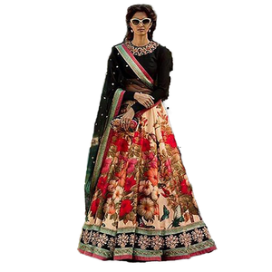 Magnifique Lehenga imprimé floral coloré avec des robes de soirée Choli noires pour les femmes - Product Image 1