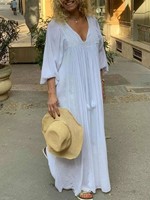 Robe longue décontractée ample et fluide en dentelle à col en V pour femmes grandes tailles, manches longues, style kaftan, vente en gros personnalisée
