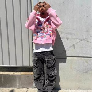 Su misura American Retrò Gothic <span class=keywords><strong>Rock</strong></span> Hip Hip Happwear lavato con cappuccio con stampa digitale DTG felpa con cerniera ritagliata per gli uomini - Product Image 5