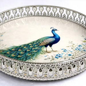JM INTERNATIONAL Plateau Pichwai en argent allemand, motif paon, vaisselle contemporaine, ensemble cadeau pour fête JM-009001 - Product Image 1
