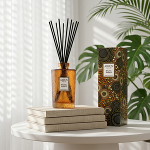 Aikun Hotel Buyer OEM Luxury Embossed Amber Glass 500ml Aroma Amber Fragrance IP16 <b>Reed</b> <b>Diffuser</b> Gift Set For Reception Display - Product Image 1