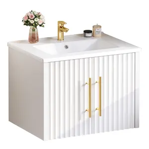 White Modern Wall Mounted Bathroom Vanity Sink Cabinet Combo For Small Space With 2 Door