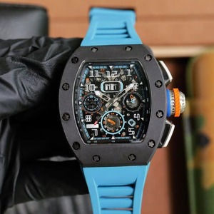 Reloj Cronógrafo Skeleton para Hombre, Caja Tonneau, Correa de Goma Azul, Subesferas Multifunción, Estilo Deportivo de Carreras, Reloj Automático - Product Image 1