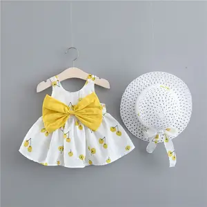 Vestido con estampado de cerezas y lazo para niña, ropa para bebé, vestido de flores para niña, pavo + sombrero