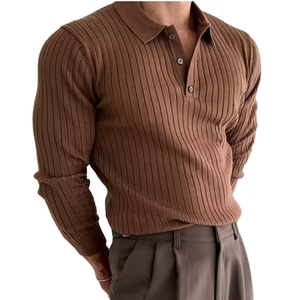 Pull polo côtelé pour homme, manches longues, couleur unie, fermeture boutonnée, haute qualité, respirant, idéal pour l'automne, personnalisable - Product Image 1