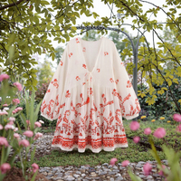 Robe d'été courte à imprimé floral à col en V pour femmes, manches longues, à lacets, style décontracté vintage, respirante, tissée, taille naturelle, vente flash