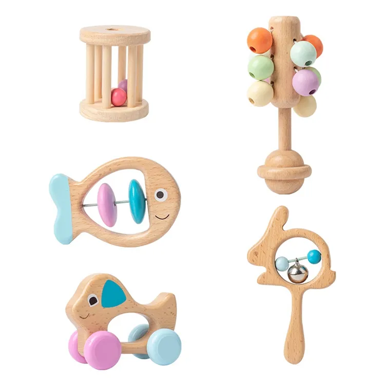 HOYE CRAFTS beech wood baby teether toy wooden newborn toy 5 pieces wooden rattle
