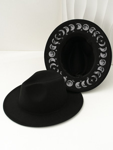 Sombrero Fedora Negro <span class=keywords><strong>de</strong></span> Ala Ancha con Adorno <span class=keywords><strong>de</strong></span> Fase Lunar y Símbolo del Zodiaco, Novedad 2026 - Product Image 4