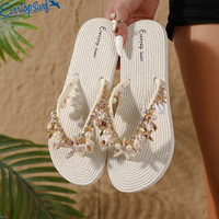 EvertopSurf Tongs de plage plates pour femme, style mode, avec décorations en strass, étoile de mer, coquillage et perle, imitation chanvre