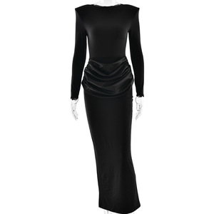 Robe de soirée pour femme, couleur unie, col rond, manches longues, drapée, ajustée, style sirène, tenue de soirée formelle - Product Image 5