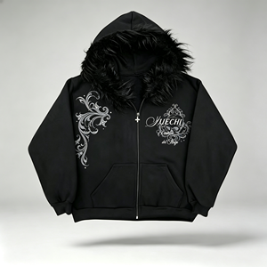 <span class=keywords><strong>Sudadera</strong></span> con capucha y cremallera para hombre, hecha a medida, estilo gótico, con ribete de piel sintética, estampado vintage de pedrería, oversize, de forro polar grueso, estilo streetwear - Product Image 1
