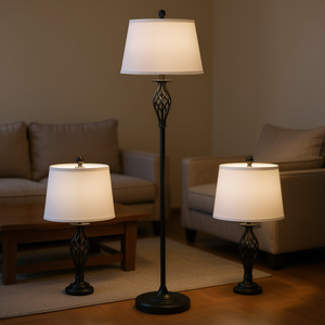 Ensemble de lampes de table classiques en métal avec abat-jour en tissu noir et blanc, design traditionnel pour l'éclairage du salon, base E26 - Product Image 2