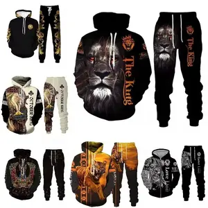 Lion King Set Sweater hoodie pria, setelan Sweater hoodie motif 3D, setelan Sweater Pullover olahraga besar dan tinggi, setelan 2 potong