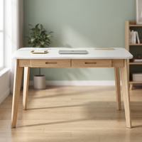 Escritorio de Computadora Convertible Moderno de Bambú con Cajón, Superficie Blanca, Patas Naturales, 39.37 Pulgadas de Ancho, Mesa de Estudio para Oficina en Casa, Pindel