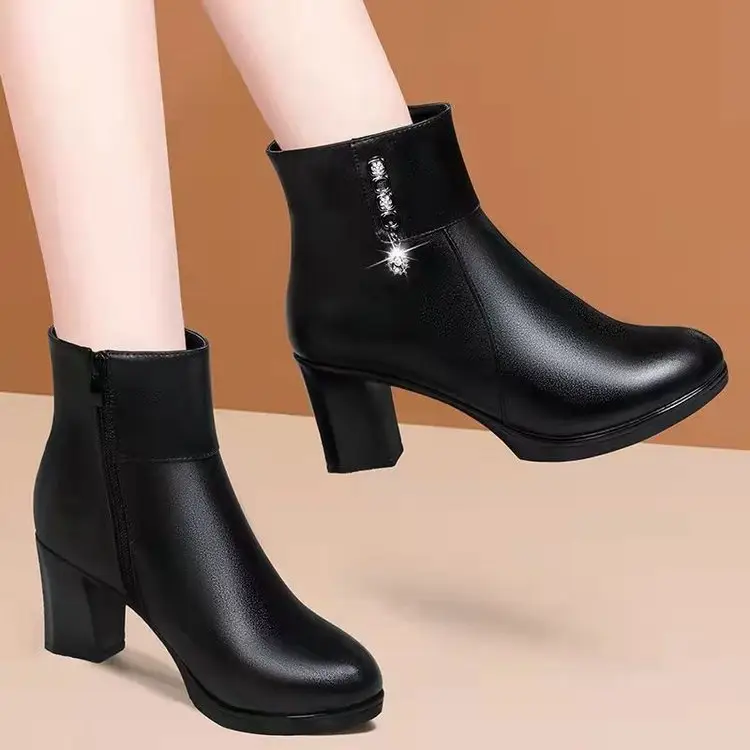 Latest Version Winter high-heeled women's boots short thick heel fashion boots pu leather ladies martin boots