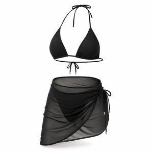 Women's Crinkle Triangle <b>Bikini</b> Set with Sheer Mesh Skirt <b>3</b> <b>Piece</b> Tie Side High Cut Swimwear - Product Image 4