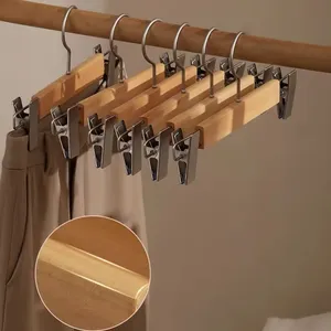 360 Degrees Swivel Hook Clothes Hangers With Metal Clips Natural Wooden Pants Hangers